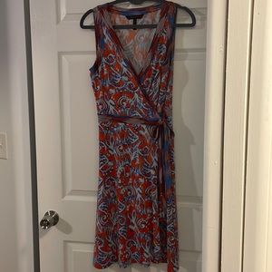 BCBG Maxazria red/blue wrap dress; draped asymmetrical bottom